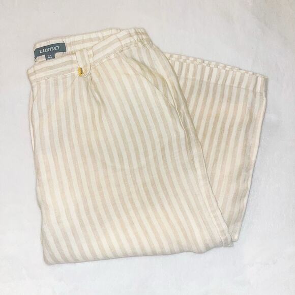 Ellen Tracy Womens 100% Linen Cropped Pants - Tan White Stripe, Size M - Picture 1 of 7